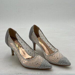 XYD Women Mid Kitten Heels Pumps Rhinestones Mesh Slip On Pointed Toe Evening